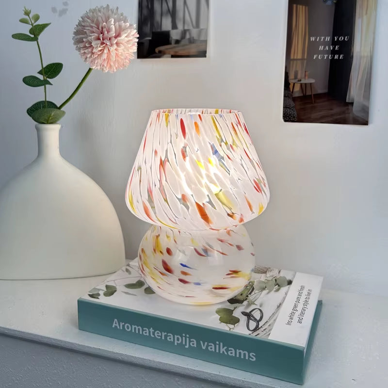 Colorful Flower Dot Glass Mushroom Lamp, American Retro Decorative Desk Lamp