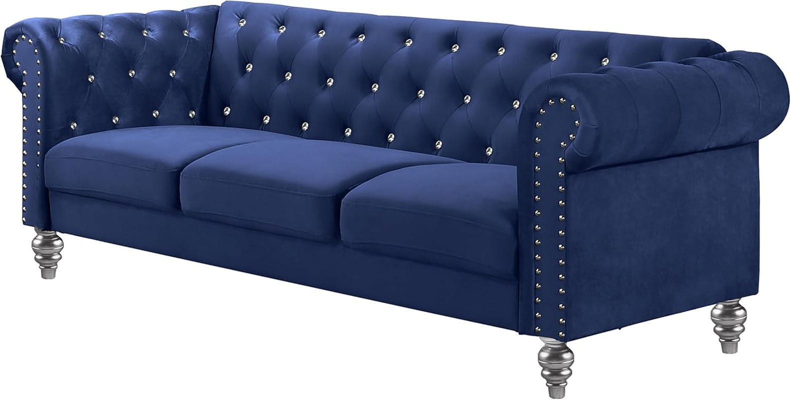 Glam Emma Velvet Three Seater Chesterfield Style Sofa for Small Spaces with Crystal Button Tufts, Royal Blue