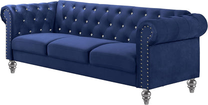 Glam Emma Velvet Three Seater Chesterfield Style Sofa for Small Spaces with Crystal Button Tufts, Royal Blue