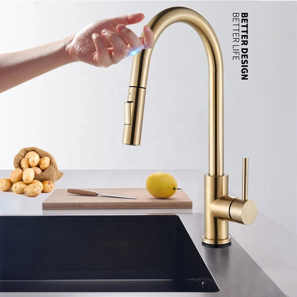 Brushed Gold Kitchen Faucet  Sensitive Touch Control Sink Faucet
