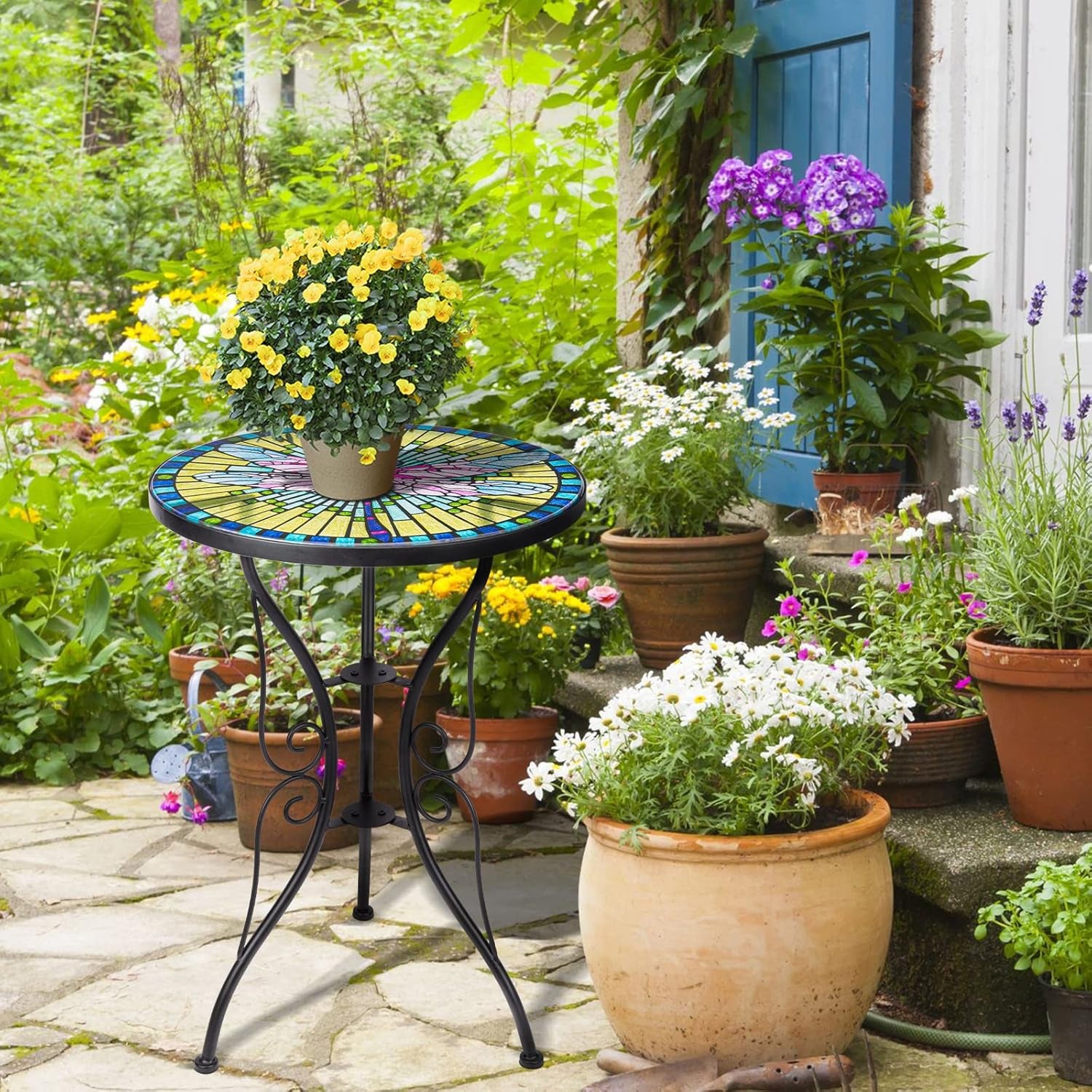 Patio Side Table Outdoor Accent Table Bistro Coffee Table Plant End Table Small Porch Table Indoor round Glass Balcony Plant Table Stands Dragonfly