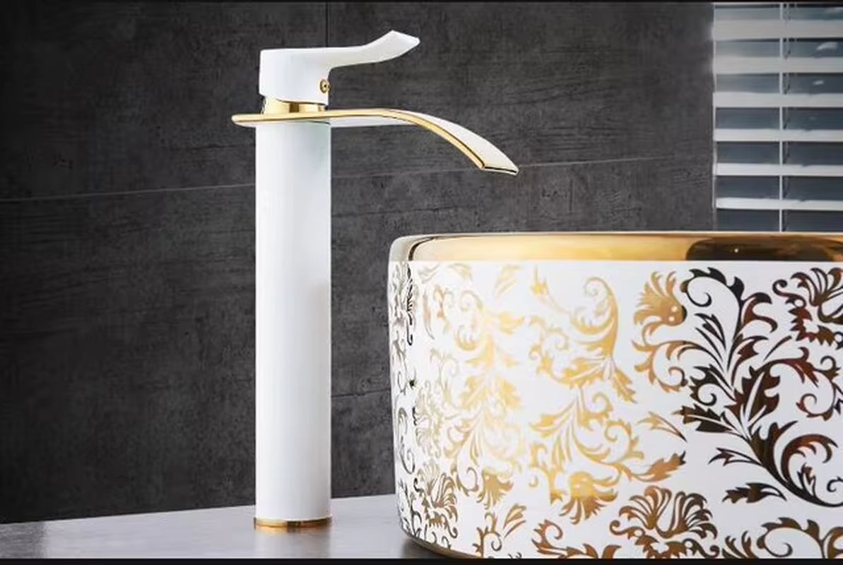 Basin Faucet Gold and White Waterfall Faucet Brass Bathroom Faucet Bathroom Basin Faucet Mixer Tap Hot and Cold Sink Faucet