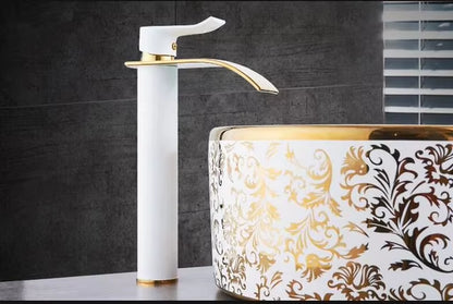 Basin Faucet Gold and White Waterfall Faucet Brass Bathroom Faucet Bathroom Basin Faucet Mixer Tap Hot and Cold Sink Faucet