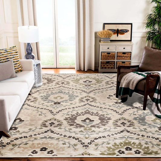 Indoor Area Rug, Jute Backed, Modern Oriental Floral Damask Floor Decor for Office, Living Room, Bedroom, Entryway, Dining/Kitchen, Hardwood, Augusta Collection, 8' X 10', Beige-Brown