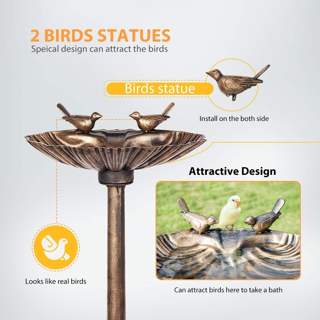 28 Inch Height Polyresin Lightweight Outdoor Double Birds Garden Bird Bath Copper