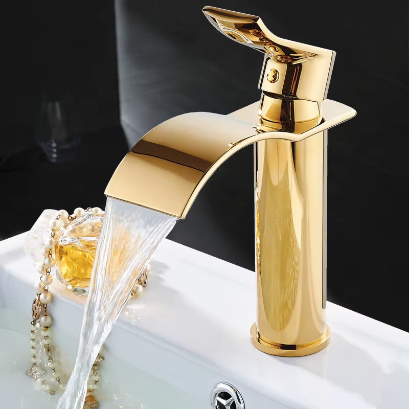 Basin Faucet Gold and White Waterfall Faucet Brass Bathroom Faucet Bathroom Basin Faucet Mixer Tap Hot and Cold Sink Faucet