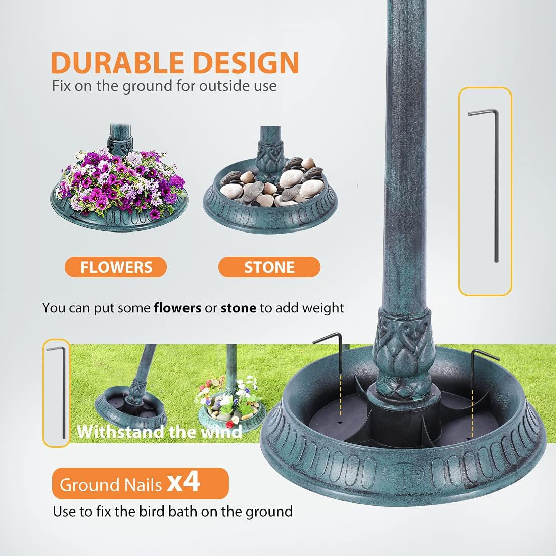 28 Inch Height Polyresin Lightweight Antique Outdoor Garden Bird Bath with Flower Planter Base Green