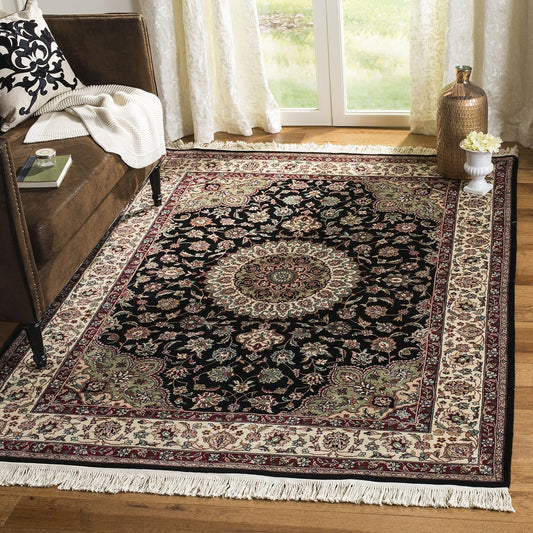 Royal Kerman Collection Area Rug - 6' X 9', Black & Ivory, Handmade Traditional Wool, Ideal for High Traffic Areas in Living Room, Bedroom (RK82C)