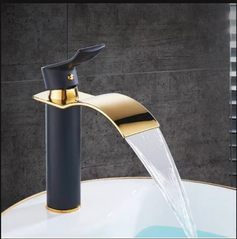 Basin Faucet Gold and White Waterfall Faucet Brass Bathroom Faucet Bathroom Basin Faucet Mixer Tap Hot and Cold Sink Faucet