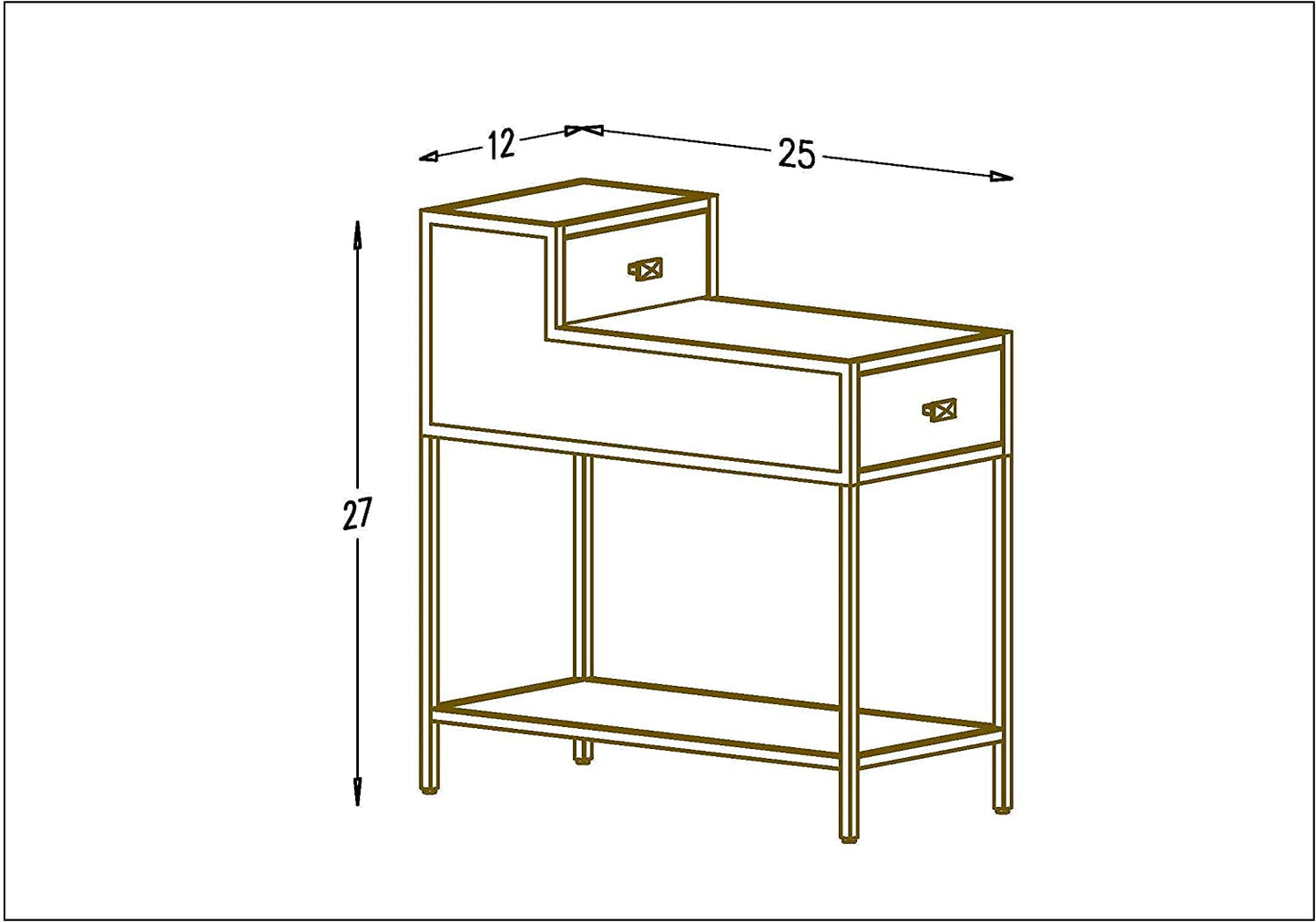 Farmhouse End Table, Gold, 25X12X27 Inches, Metal Top & Frame, Drawer, Indoor Use