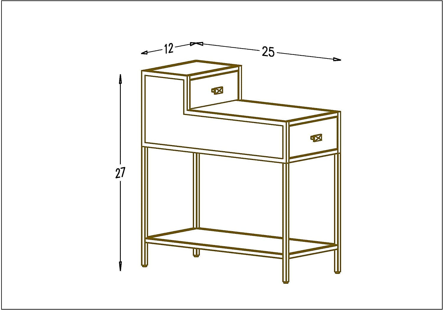 Farmhouse End Table, Gold, 25X12X27 Inches, Metal Top & Frame, Drawer, Indoor Use