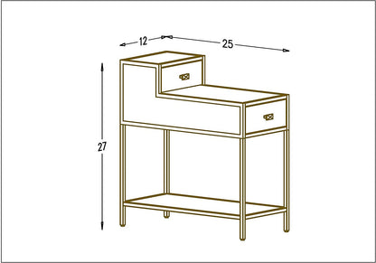 Farmhouse End Table, Gold, 25X12X27 Inches, Metal Top & Frame, Drawer, Indoor Use