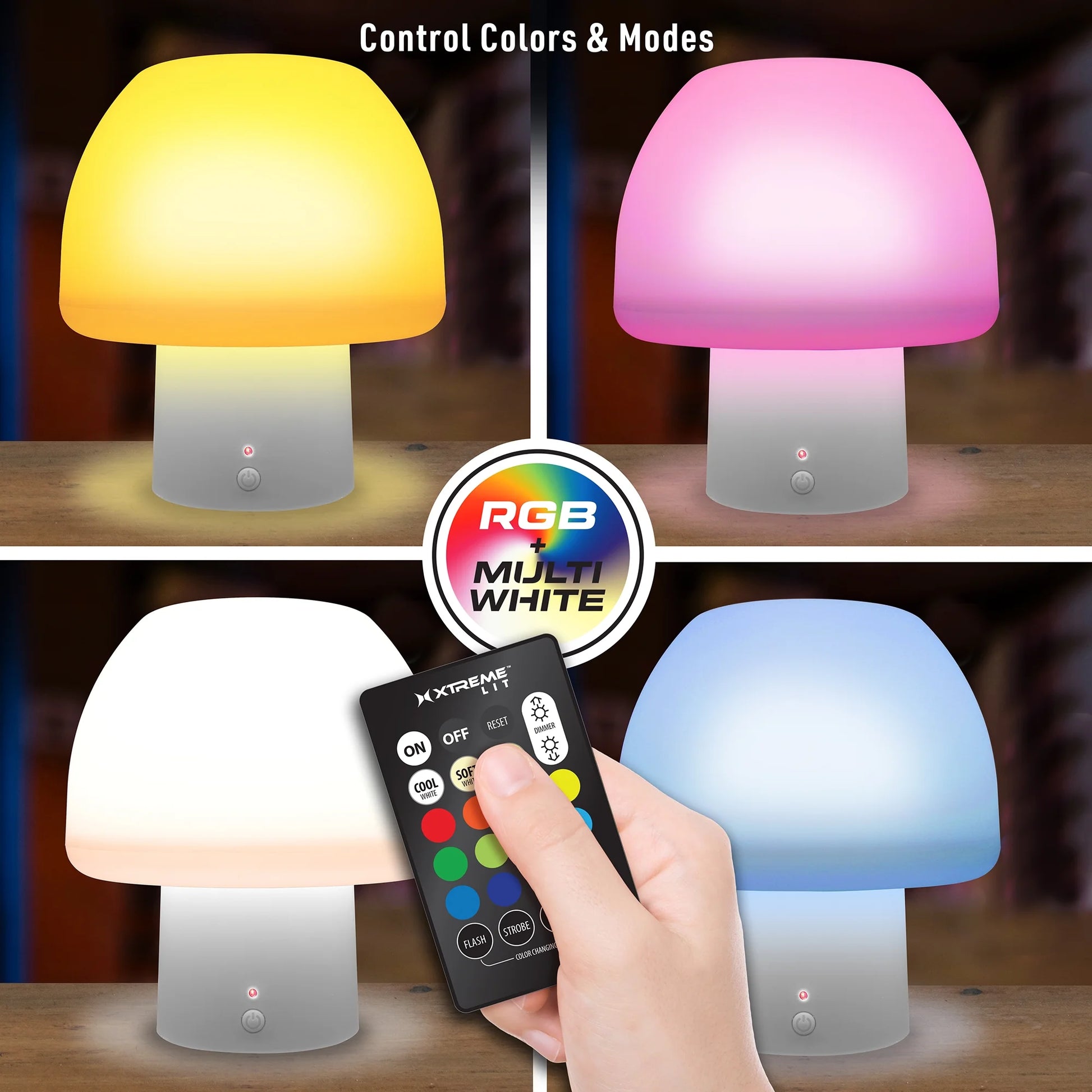 Lit New Multi-Color Multi-White LED Accent Mushroom Lamp with White Base, Remote Control