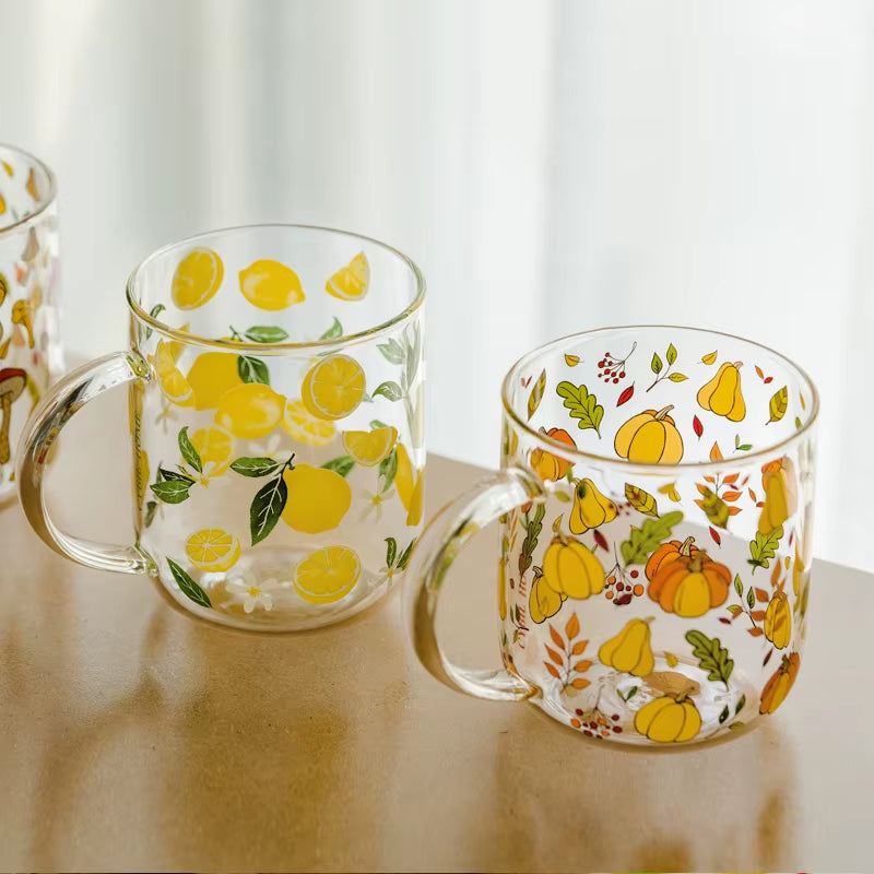 Jinyoujia-Heat-Resistant Glass Mug with Handle, Breakfast Milk Cup, Cute Office Home Coffee Mugs, Mushroom, Pumpkin Pattern