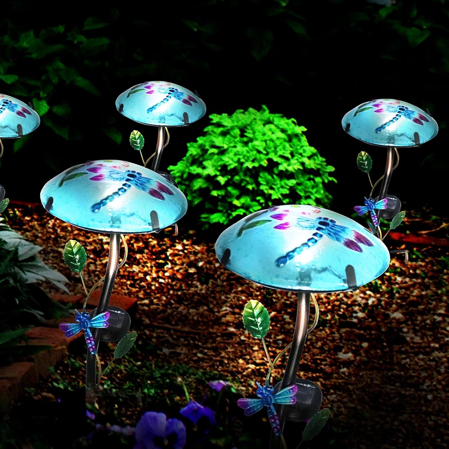Glass Mushroom Shape with Dragonfly Pattern  - Waterproof Upgraded Outdoor Ground Landscape 