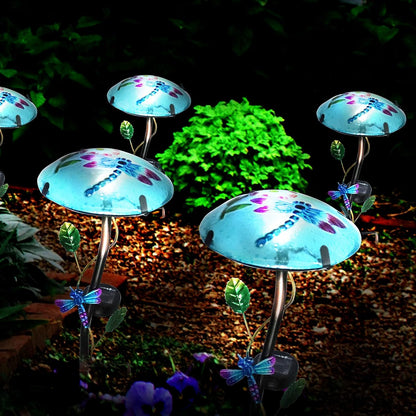 Glass Mushroom Shape with Dragonfly Pattern  - Waterproof Upgraded Outdoor Ground Landscape 