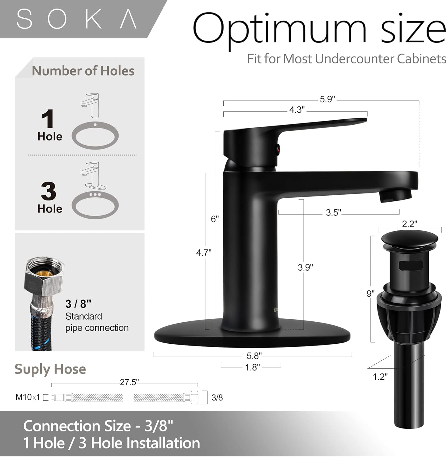 Brass Bathroom Faucet Matte Black with Pop-Up Sink Drain Stopper & Deck Plate - 1 or 3 Hole Single Handle RV Faucet
