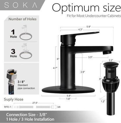 Brass Bathroom Faucet Matte Black with Pop-Up Sink Drain Stopper & Deck Plate - 1 or 3 Hole Single Handle RV Faucet