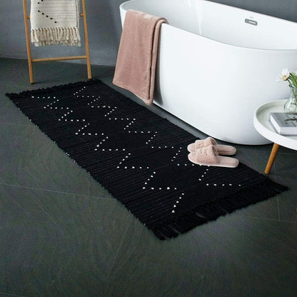 Boho Rug, Boho Kitchen Rug Runner Washable, Boho Bathroom Rug Woven Small Cotton Bohemian Tribal Farmhouse Tassels Bedroom Hallway Moroccan Bath Mat 3'X5', Black