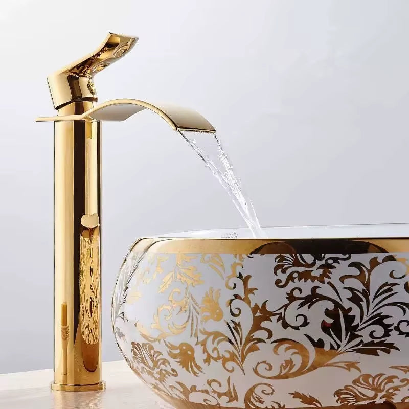 Basin Faucet Gold and White Waterfall Faucet Brass Bathroom Faucet Bathroom Basin Faucet Mixer Tap Hot and Cold Sink Faucet