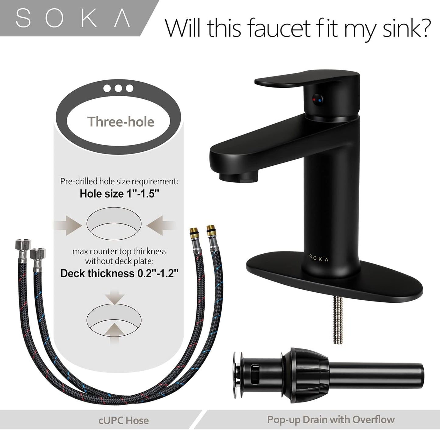 Brass Bathroom Faucet Matte Black with Pop-Up Sink Drain Stopper & Deck Plate - 1 or 3 Hole Single Handle RV Faucet