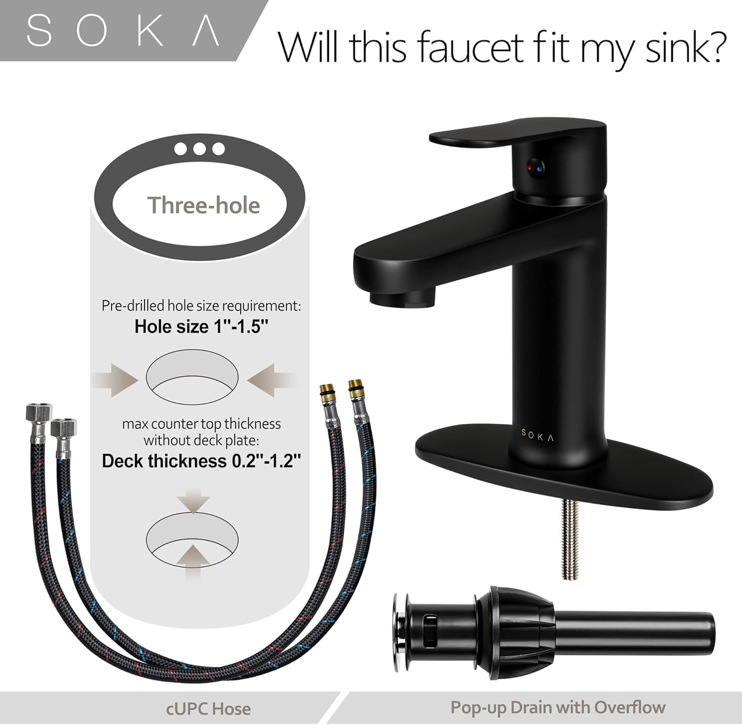 Brass Bathroom Faucet Matte Black with Pop-Up Sink Drain Stopper & Deck Plate - 1 or 3 Hole Single Handle RV Faucet