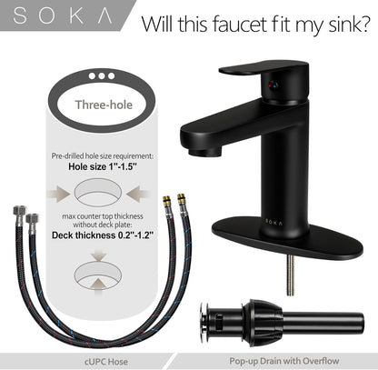 Brass Bathroom Faucet Matte Black with Pop-Up Sink Drain Stopper & Deck Plate - 1 or 3 Hole Single Handle RV Faucet