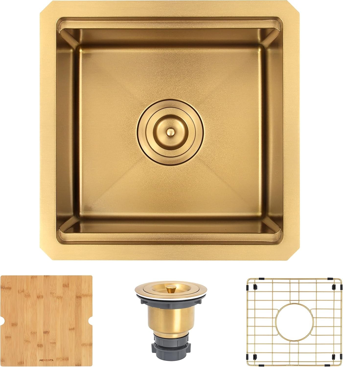 Gold Bar Sink,15 Inch Undermount Bar Sinks, 15" X 15" X 10" Small and Deep Single Bowl Kitchen Sink for Bars and RV, 16 Gauge Stainless Steel Workstation Kitchens Sinks with Gold Accessories