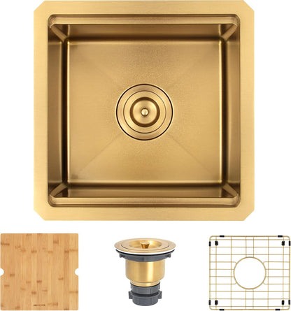 Gold Bar Sink,15 Inch Undermount Bar Sinks, 15" X 15" X 10" Small and Deep Single Bowl Kitchen Sink for Bars and RV, 16 Gauge Stainless Steel Workstation Kitchens Sinks with Gold Accessories