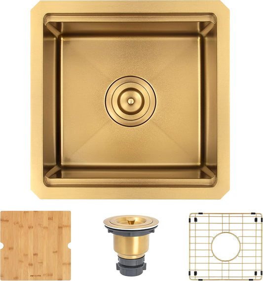 Gold Bar Sink,15 Inch Undermount Bar Sinks, 15" X 15" X 10" Small and Deep Single Bowl Kitchen Sink for Bars and RV, 16 Gauge Stainless Steel Workstation Kitchens Sinks with Gold Accessories