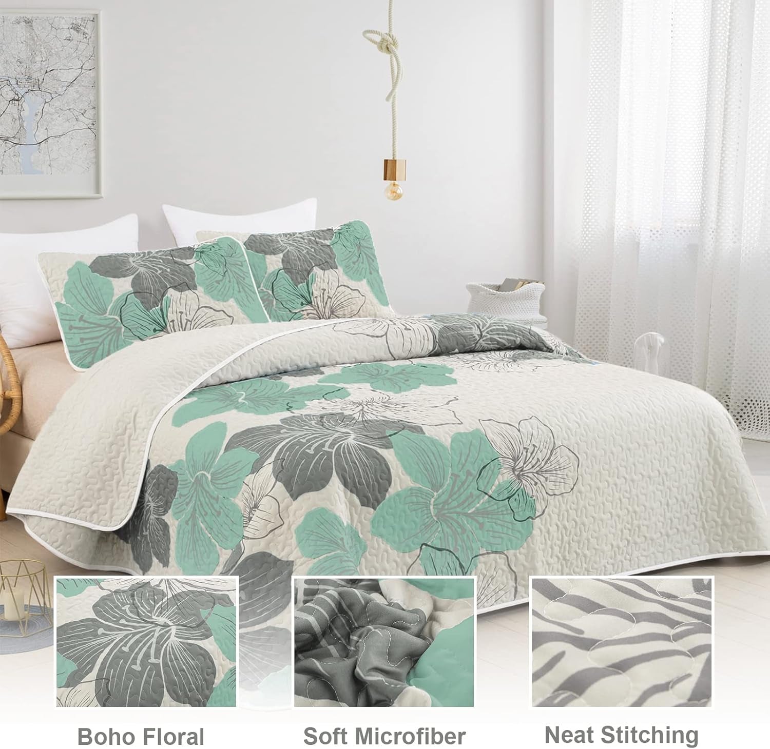 3 Pieces Quilt Set Queen Green Floral Pattern Quilt Coverlet Bohemian Floral Bedspread with 2 Pillow Shams Elegant Lightweight Botanical Bedding Quilt Set for All Season 90"X96"