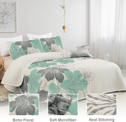 3 Pieces Quilt Set Queen Green Floral Pattern Quilt Coverlet Bohemian Floral Bedspread with 2 Pillow Shams Elegant Lightweight Botanical Bedding Quilt Set for All Season 90"X96"