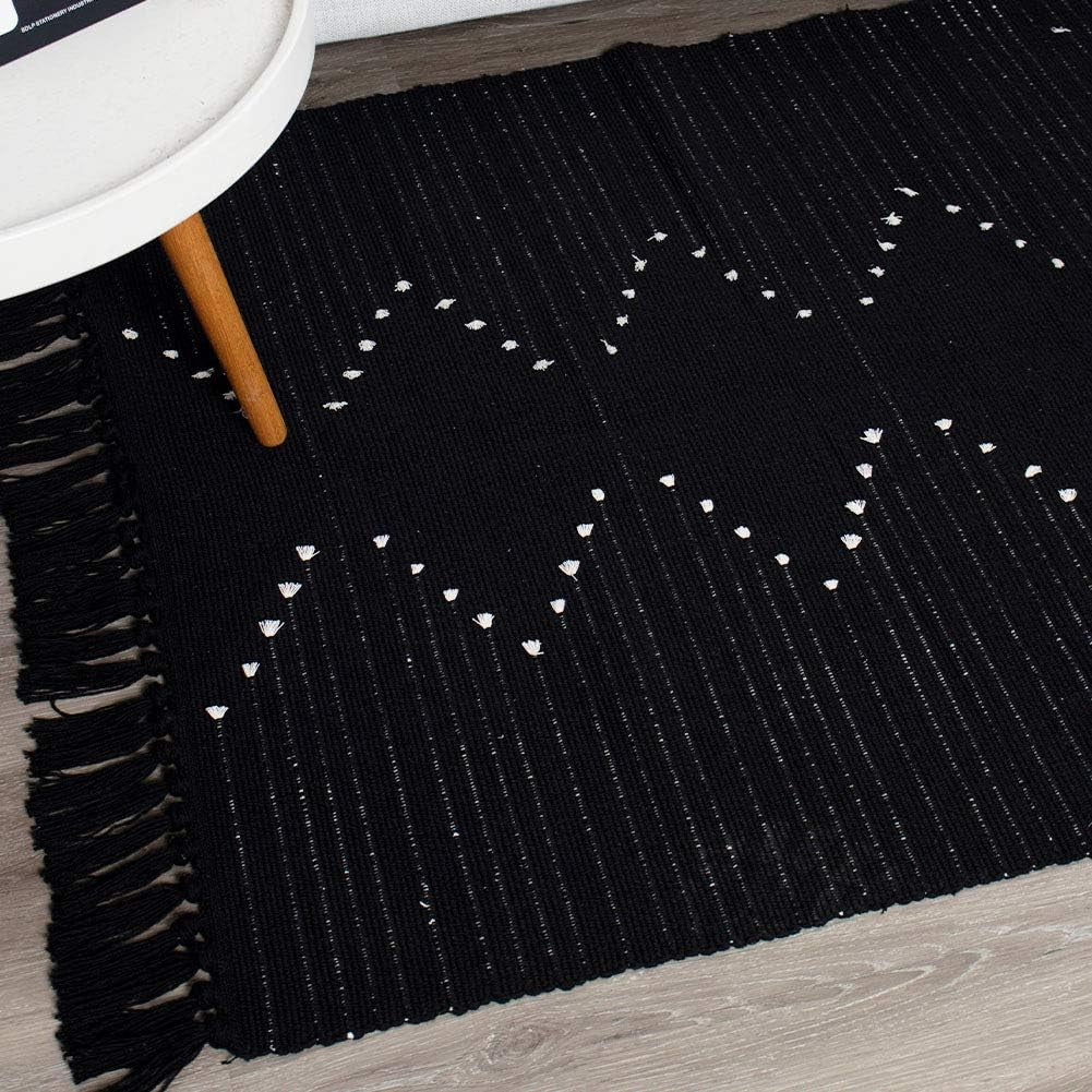 Boho Rug, Boho Kitchen Rug Runner Washable, Boho Bathroom Rug Woven Small Cotton Bohemian Tribal Farmhouse Tassels Bedroom Hallway Moroccan Bath Mat 3'X5', Black