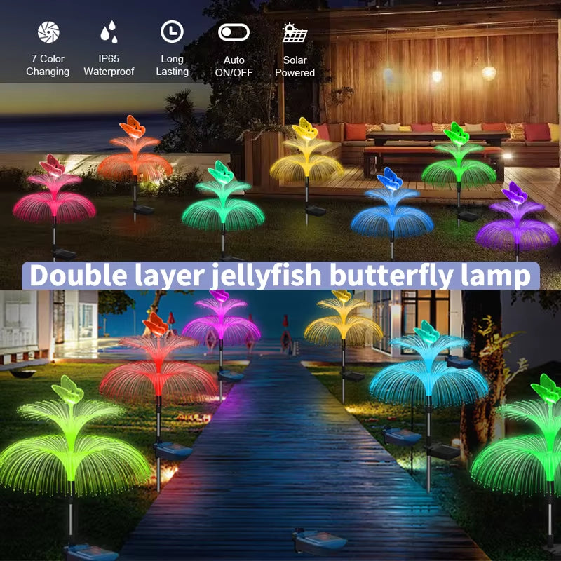 Solar Garden Lights Outdoor Double Layer Jellyfish and Butterfly Lights Waterproof Lawn Patio Landscape Decor Lamp 1/2/4/6 Pcs