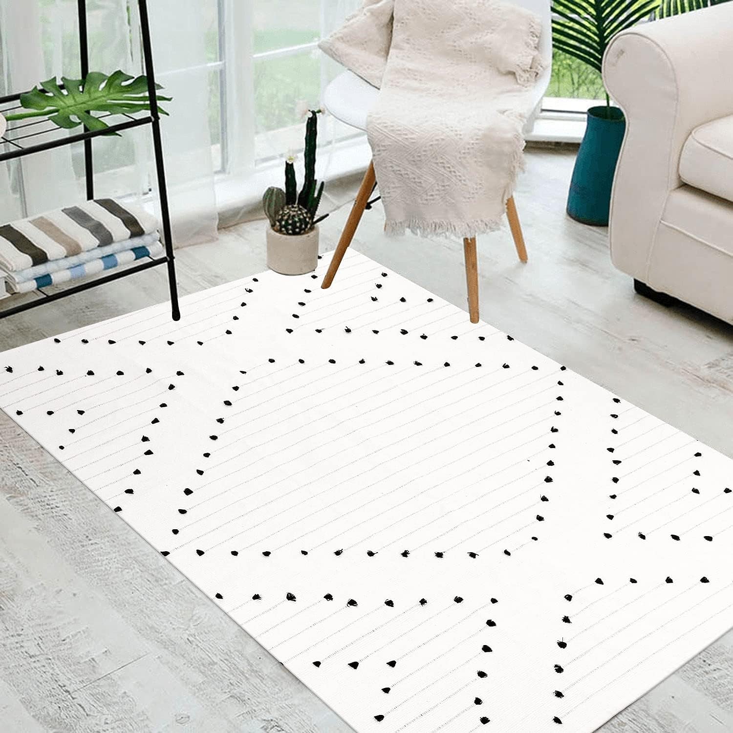 Boho Area Rug, 3'X5' White Geometric Kitchen Rug Cotton Moroccan Farmhouse Carpet, Machine Washable Indoor Outdoor Rug for Patio Entryway Living Room Bedroom Decor