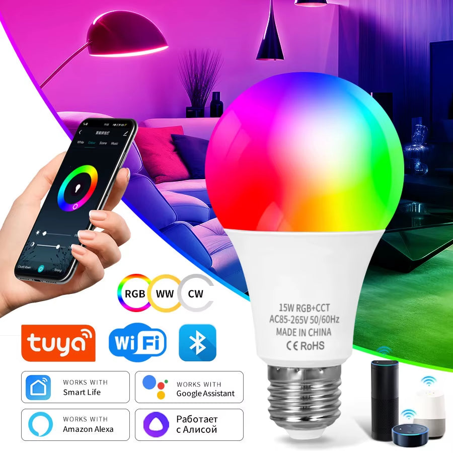 Tuya Wifi Bluetooth E27 Smart Bulb RGBCW 100-240V 15W LED 