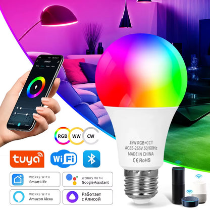 Tuya Wifi Bluetooth E27 Smart Bulb RGBCW 100-240V 15W LED 