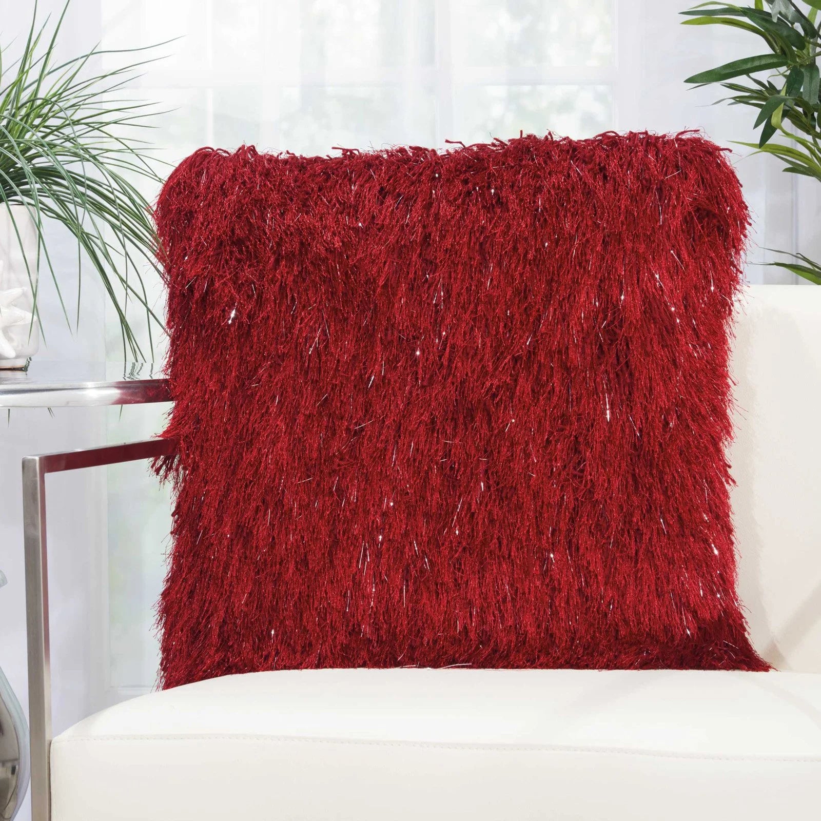 Yarn Shimmer Shag Decorative Throw Pillow, 17" X 17", Light Grey
