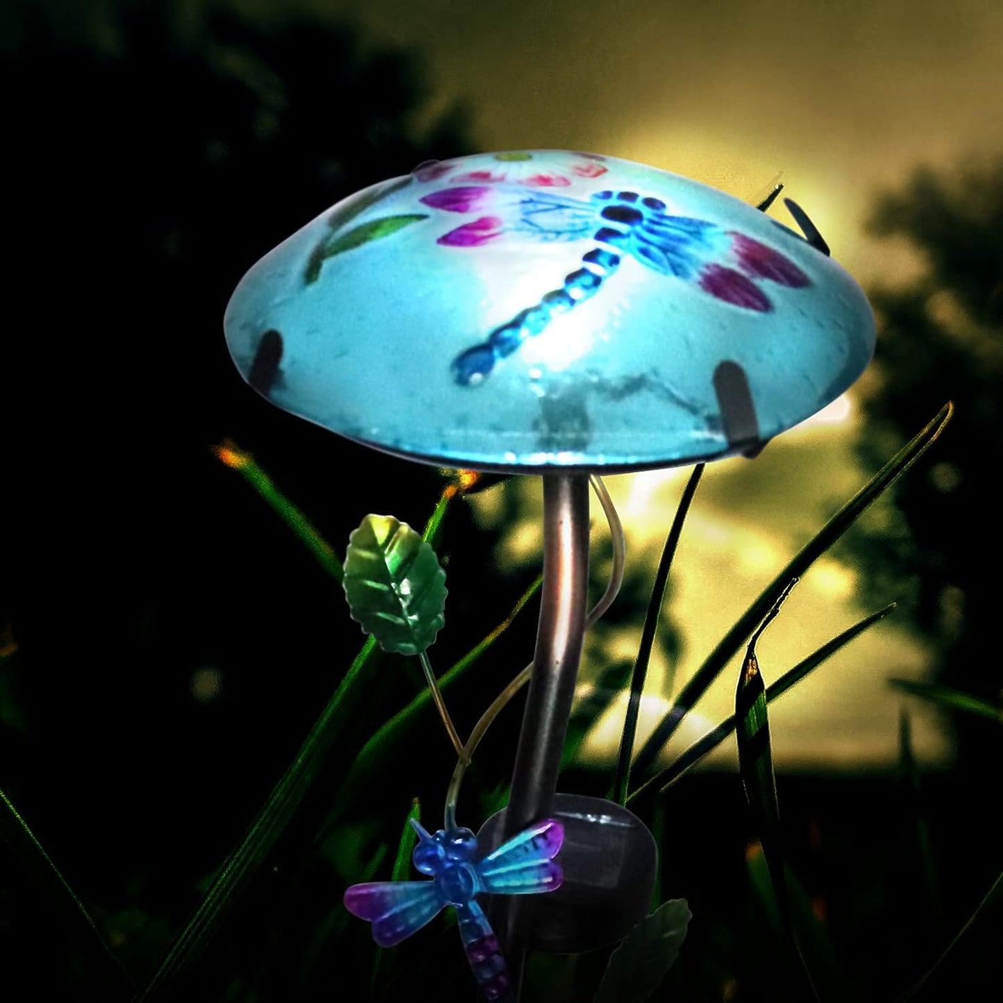 Glass Mushroom Shape with Dragonfly Pattern  - Waterproof Upgraded Outdoor Ground Landscape 