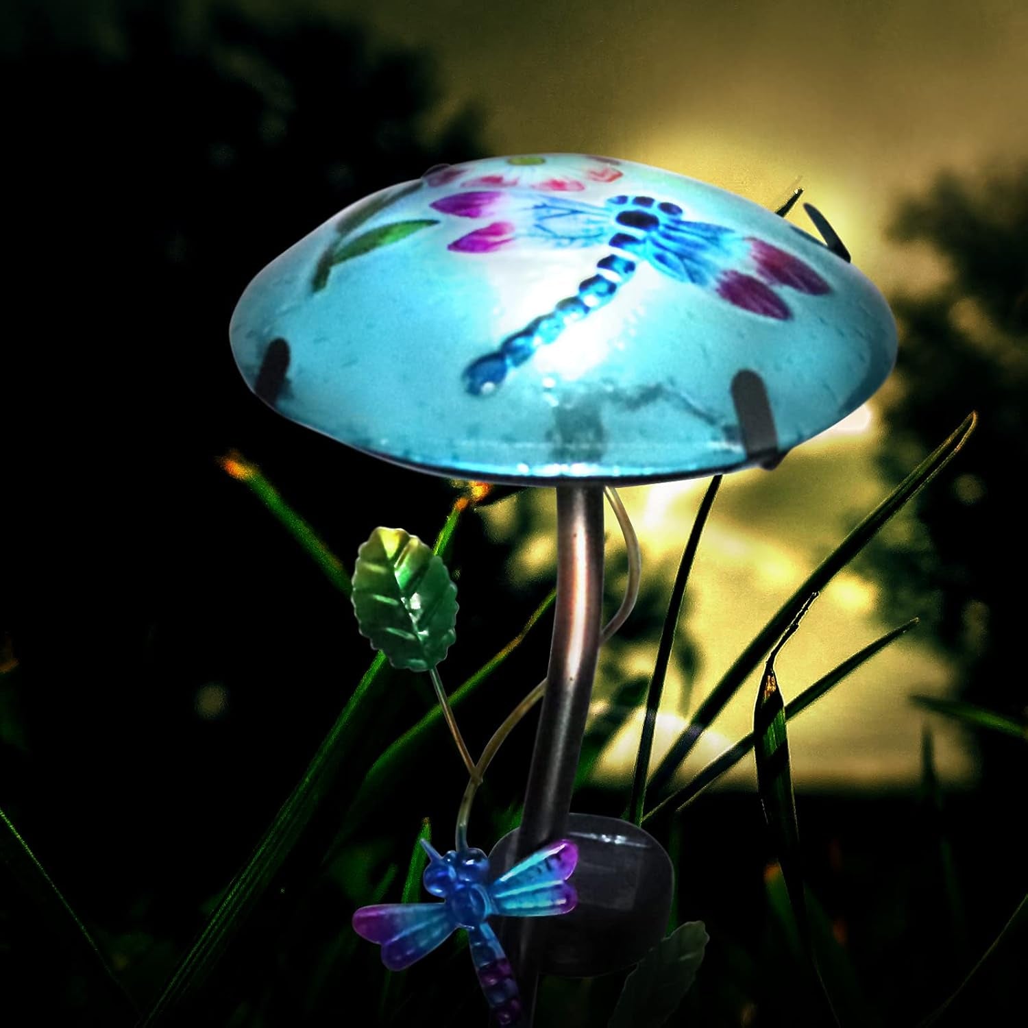Glass Mushroom Shape with Dragonfly Pattern  - Waterproof Upgraded Outdoor Ground Landscape 