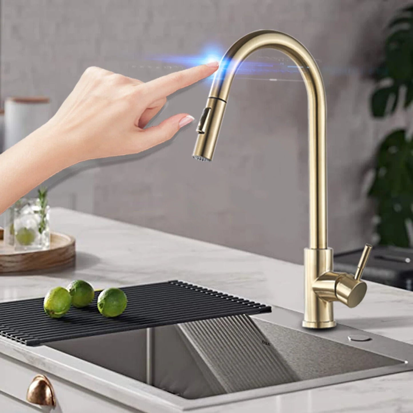 Brushed Gold Kitchen Faucet  Sensitive Touch Control Sink Faucet