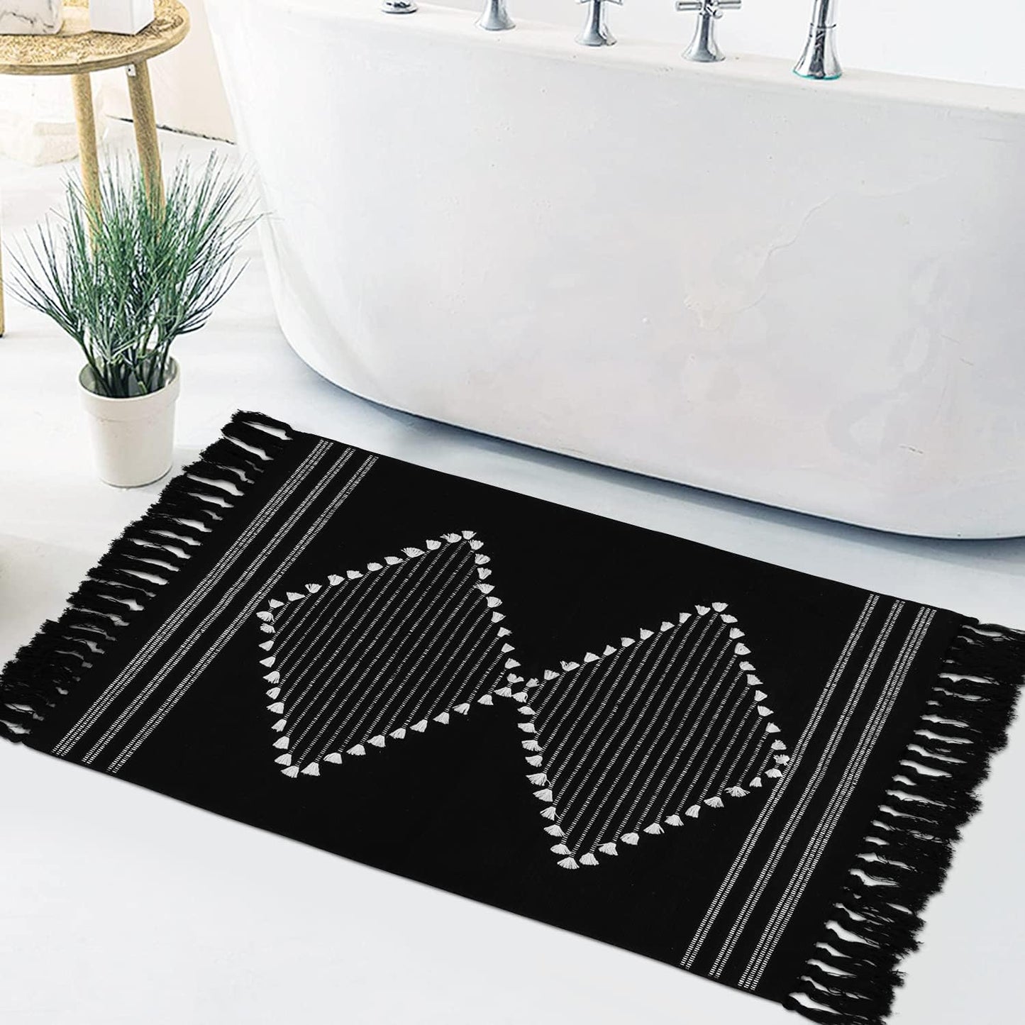 Boho Bathroom Rug 2'X3', Machine Washable Cotton Woven Area Rug with Geometric Tassels Decorative Indoor/Outdoor Mat Farmhouse Rug for Kitchen Laundry Living Room Bedroom(Black)