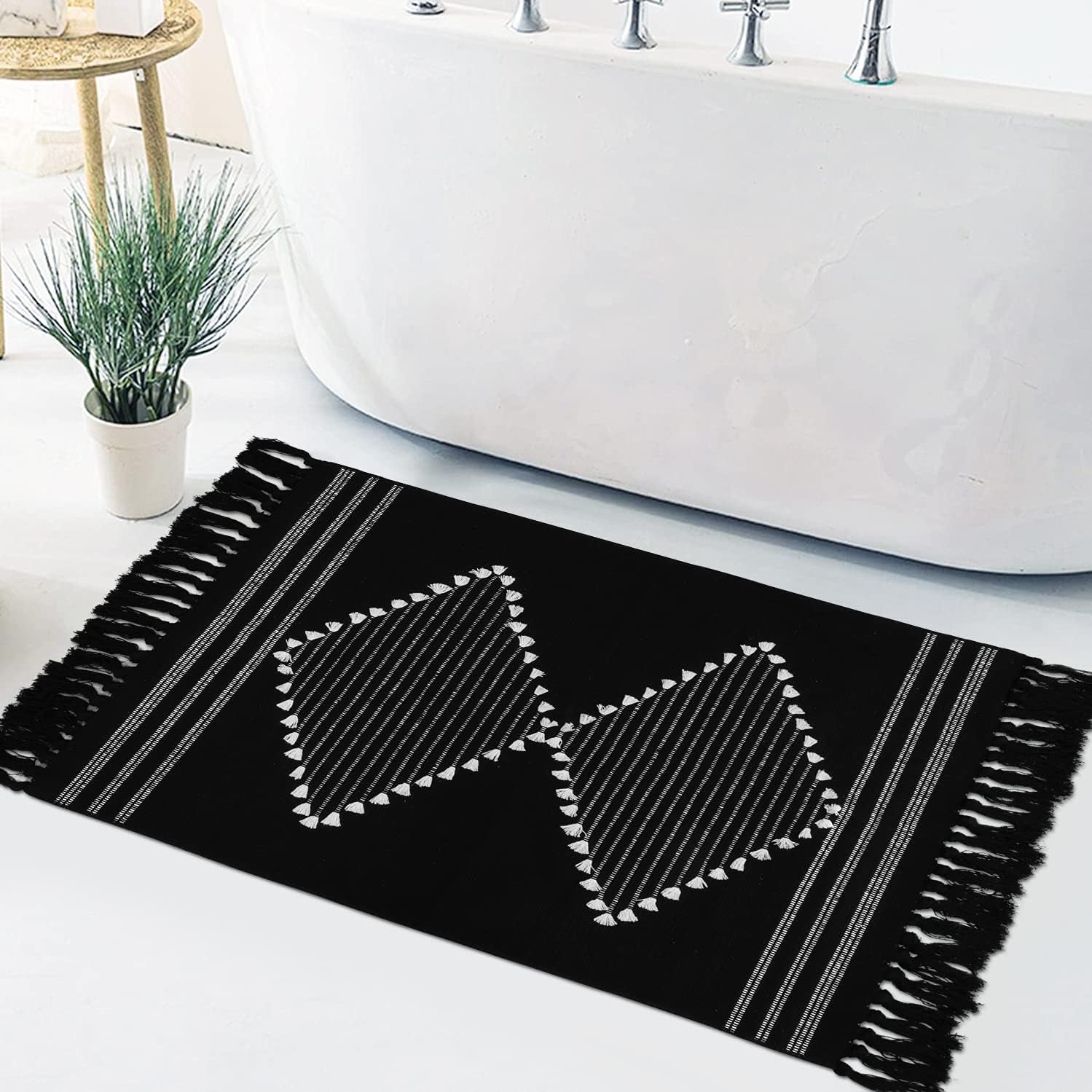 Boho Bathroom Rug 2'X3', Machine Washable Cotton Woven Area Rug with Geometric Tassels Decorative Indoor/Outdoor Mat Farmhouse Rug for Kitchen Laundry Living Room Bedroom(Black)
