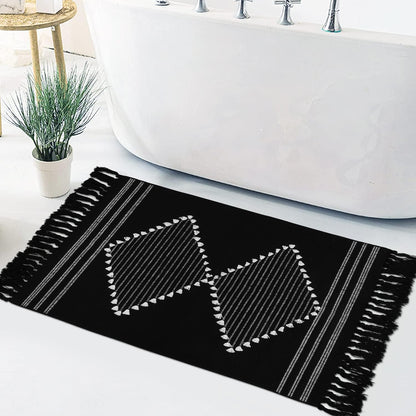 Boho Bathroom Rug 2'X3', Machine Washable Cotton Woven Area Rug with Geometric Tassels Decorative Indoor/Outdoor Mat Farmhouse Rug for Kitchen Laundry Living Room Bedroom(Black)