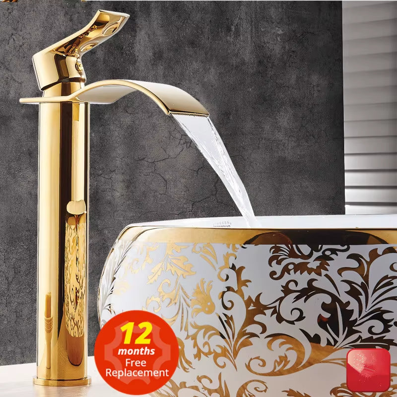 Basin Faucet Gold and White Waterfall Faucet Brass Bathroom Faucet Bathroom Basin Faucet Mixer Tap Hot and Cold Sink Faucet