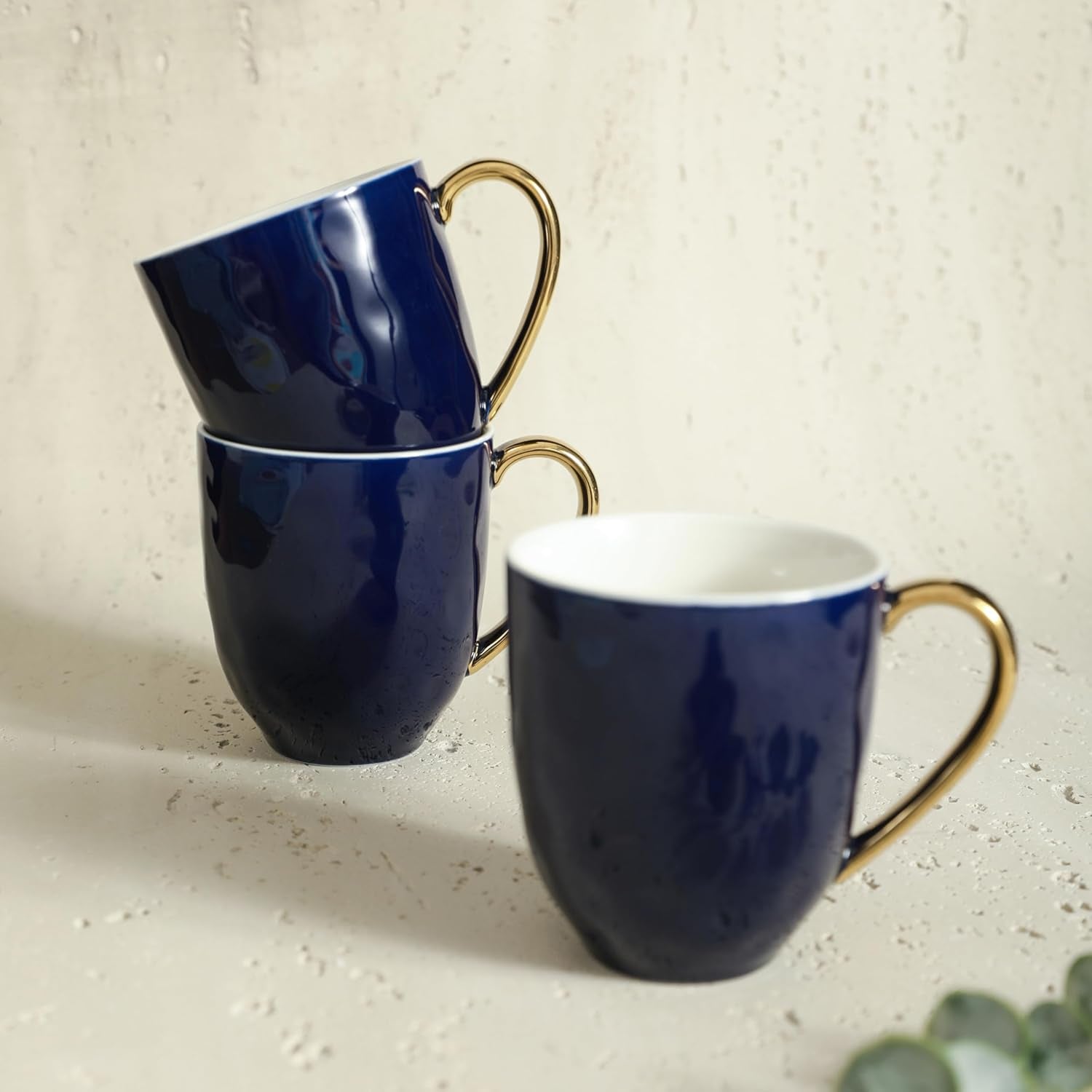 Porcelain 16 Piece Dinnerware Set, Service for 4, Blue and Golden Rim, Dark Blue