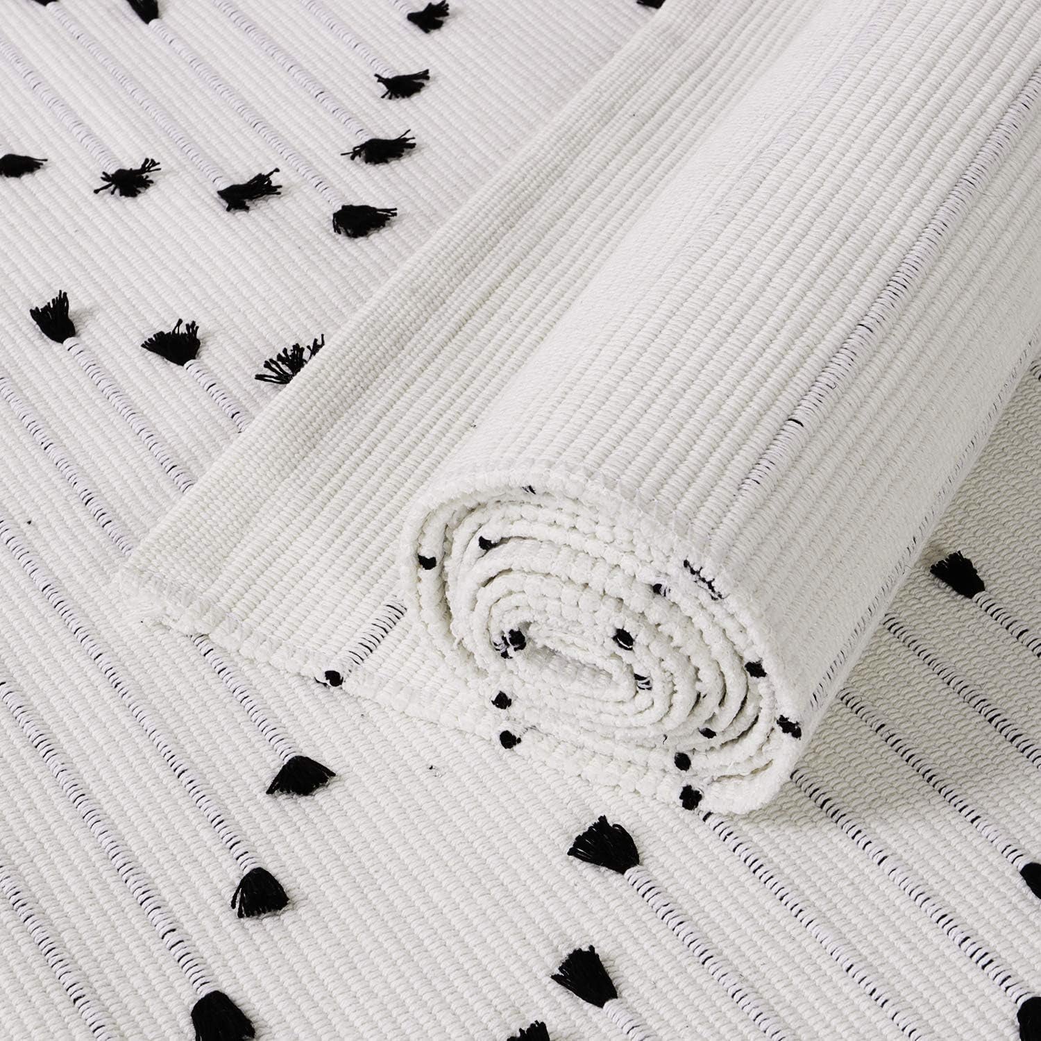 Boho Area Rug, 3'X5' White Geometric Kitchen Rug Cotton Moroccan Farmhouse Carpet, Machine Washable Indoor Outdoor Rug for Patio Entryway Living Room Bedroom Decor