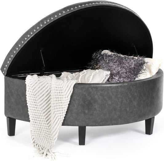 43" Half Moon Storage Ottoman Bench, Lift Top Faux Leather Storage Ottoman Bench for Bedroom Living Room (Gray)