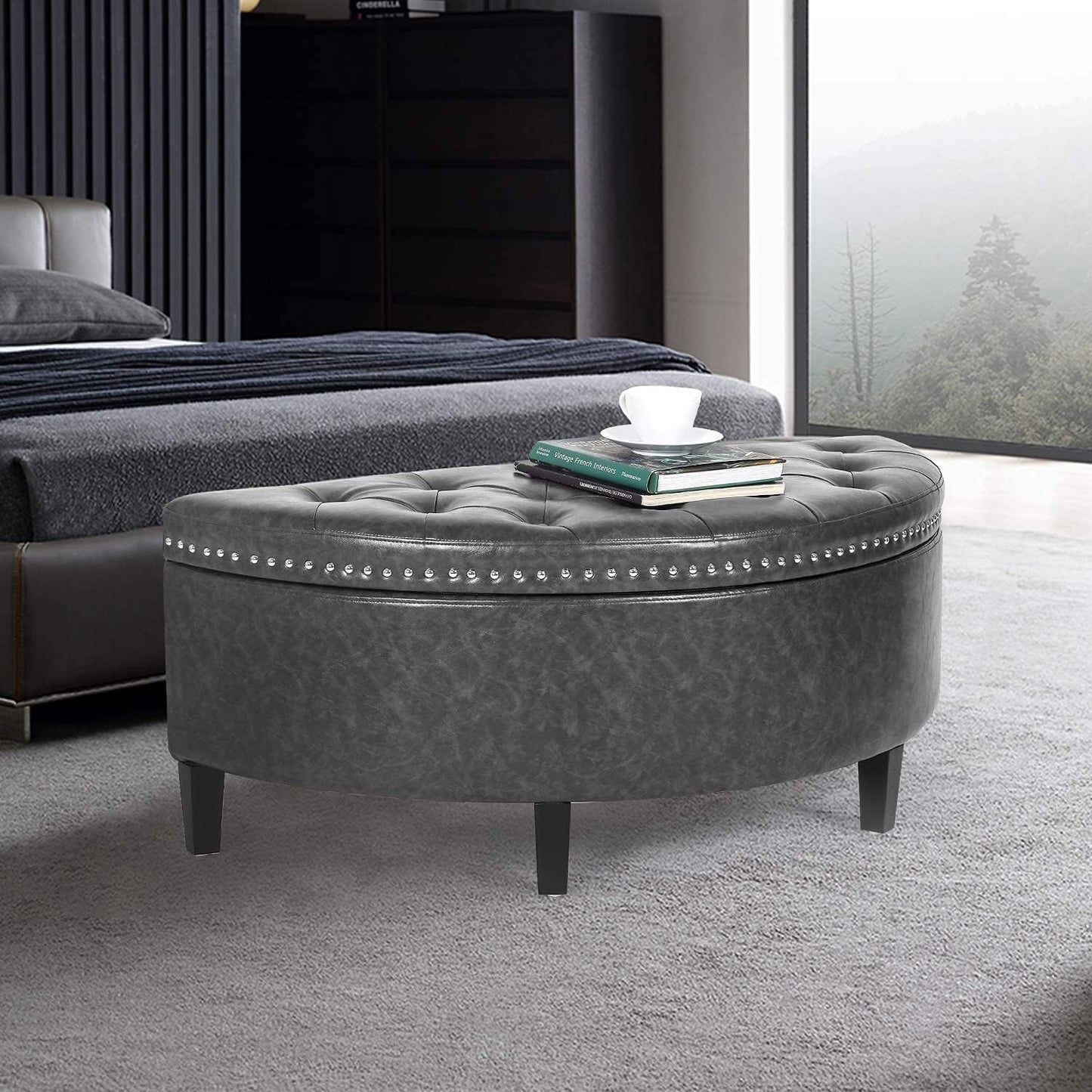 43" Half Moon Storage Ottoman Bench, Lift Top Faux Leather Storage Ottoman Bench for Bedroom Living Room (Gray)