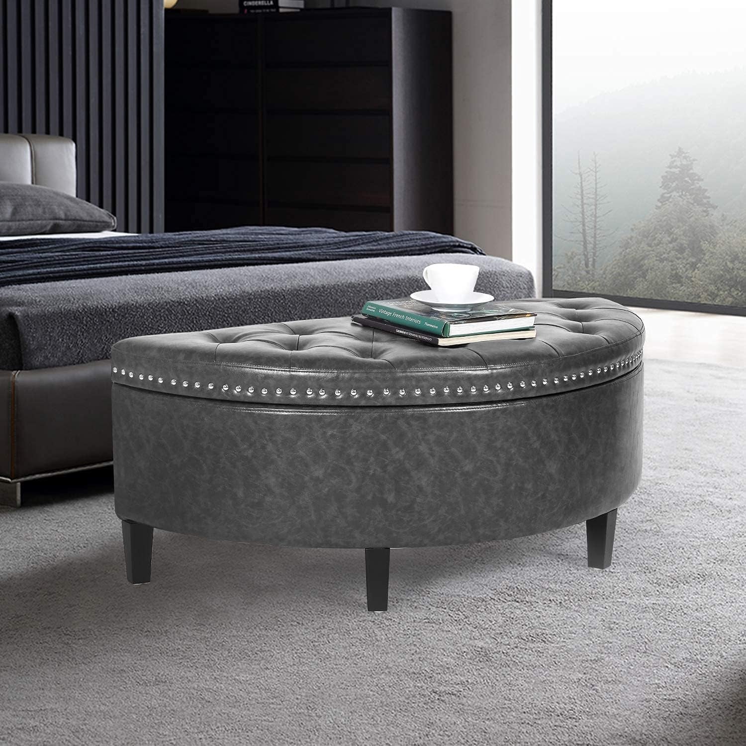 43" Half Moon Storage Ottoman Bench, Lift Top Faux Leather Storage Ottoman Bench for Bedroom Living Room (Gray)